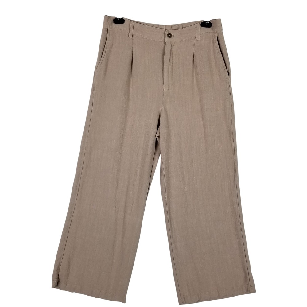 Z SUPPLY Wide Leg Pants Womens Large‎ Tan Linen Blend Pleated ZP251248 High Rise